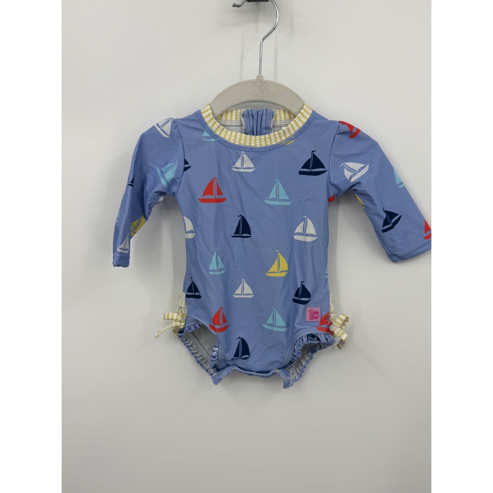 RuffleButts Sailboat Rash Guard Swimsuit Kids 3-6m Blue Nautical Ruffle Rear